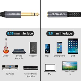 BEZOKABEL 1/4 to 3.5mm Headphone Adapter 8ft, TRS 6.35mm Male to 3.5mm Female, 1/4 to 1/8 Stereo Jack Adapter for Amplifiers, Guitar- 8ft