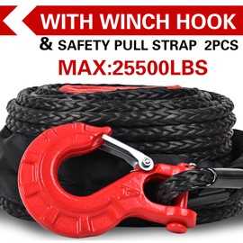 3/8" x 92ft Synthetic Winch Rope, 25,500LBS Breaking Strength, Heavy Duty Winch Cable with Protective Sleeve & Forged Hook, Safety Pull Strap for 4WD, Off-Road Vehicles, SUV, Truck