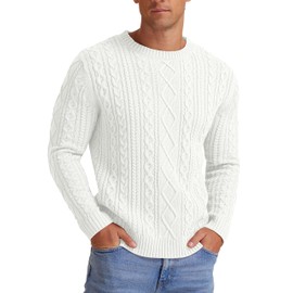 Hisir Men's Winter Cable Knit Jumpers Casual Crew Neck Thick Warm Long Sleeve Sweater Pullover Tops for Men UK (White, L)