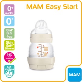 MAM Easy Start Self Sterilising Anti-Colic Bottle (1 x 130 ml), Baby Bottle with Slow Flow MAM Teat Size 0, Newborn Essentials, Cream (Designs May Vary)