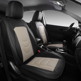 FREESOO Leather Car Seat Covers Full Set, Beige Black Seat Covers for Cars Trucks SUV, Waterproof Car Seat Cover Back Seat and Front, Automotive Car Seat Protector Cushion Fit for Most Vehicles