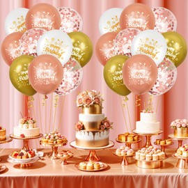 24Pcs Rose Gold White Birthday Balloons for Women Girls Rose Gold Birthday Party Decorations Supplies for Women Girls 12 inches