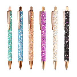 Rnigra Sparkly Pens 6PCS, Pretty Pens, Gift Pens for Women, Retractable Black Biros, 1 mm Ball Point Pen for Students, Children, Adults, School, Office, Home, Drawing