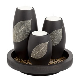 IYARA CRAFT Tealight Candle Holders with Candle Tray Set of 3 Decorative Candle Holders Matte Wood Finish with Dry Leaf Decoration
