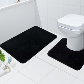 Rururug Black Bath Mat Set Washable Microfiber Bathroom Mat Sets 2 Piece Non-Slip Bath Mats for Bathroom and Toilet Mat, Bathroom Rug 50x80cm+50x40cm