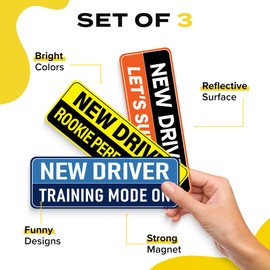 HEY-OKEY 3-Pack New Driver Magnet for Car - Please Be Patient Funny Phrases Reflective Magnetic Rookie Bumper Sticker Set - Reusable Strong Student Safety Bold Attention Signs - Weather-Resistant