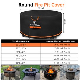 [Upgraded 1000D Heavy Duty Fabric] 32” Fire Pit Cover Round for 29”- 32” Fire Pit/Tables, Waterproof Tear & Fade Resistant Firepit Cover with Buckle, Handle, Drawstring, Air Vent (32”D x 16”H,Black)