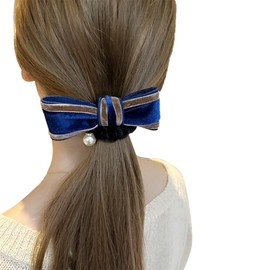 Wenlly Fashion Velvet Hair Scrunchies Color Blocked High Elasticity Pearl Ponytail Holder Hair Accessories for Women and Girls, 1 Piece, Blue