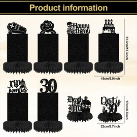 ZDHOOKAN 8PCS Rip 20s Birthday Honeycomb Centerpiece Death to My Twenties Photo Table Centerpiece Set Glitter Gothic 30th Birthday Table Toppers Centerpieces for Funeral 30th Bday Men Women