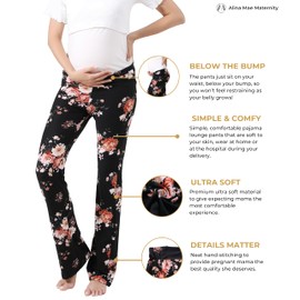 Women Maternity Pajama Pant Stretchy Comfy Wide Soft Palazzo Elastic Pregnancy Lounge Casual PJs (Black Floral, 4-6)