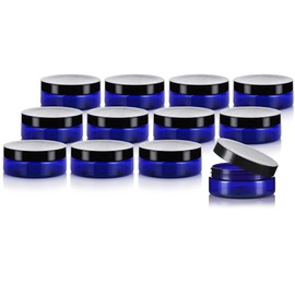 4 oz / 120 ml Cobalt Blue Plastic PET Refillable Extra Low Profile Jar (BPA Free) with Black Lid (12 Pack)