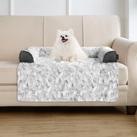 blunique Calming Small Dog Bed for Couch, 35 x 31 inch Removable Couch Cover for Dogs Washable, Non-Slip Fluffy Plush Dog Sofa Mat for Furniture Protector - Grey