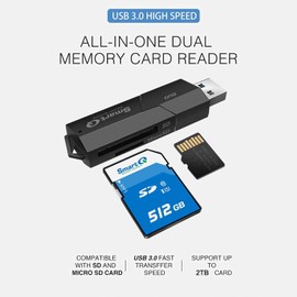 SmartQ C307 DUO Lector de tarjetas SD portátil USB 3.0 Adaptador de tarjeta de memoria flash Hub para SD, Micro SD, SDXC, SDHC, MMC, Micro SDXC, Micro SDHC, UHS-I para Mac, Windows, Linux, cromado,
