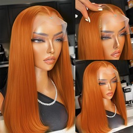 FFEGG Ginger Orange Bob wig Human Hair 350# Colored Bob Wig 13x4 HD Transparent Lace Frontal Wigs Human Hair Straight Short Bob Wigs for Black Women (16inch, Ginger Bob Wig)