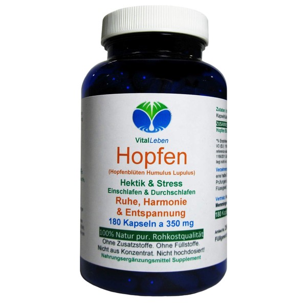 HOPFEN - Hop Blossoms Pure (Humulus Lupulus). 180 Hop Blossom Powder Capsules 350 mg. Rest + Relaxation for Hustle and Stress. Harmony of Menopause. Pure Natural - No Additives. 26655-180