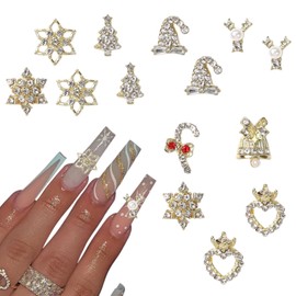 16Pcs Christmas Snowflake Nail Rhinestones Nail Charms 3D Alloy Snowflake Nail Charm Nail Gems Shiny Gold Silver Christmas Tree Nail Charm Nail Jewelry Gems for Women Girls Acrylic Manicure Supplies