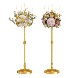 mopam Floor Candelabra 2 Pcs 50 Inch Gold Candlestick Holder 5 Arms Candle Holders Antique Candle Stand Centerpiece Decorative Candle Holder for Events, Party, Ceremony, Wedding Aisle, Home