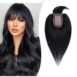 S-noilite Hair Toppers for Women Real Human Hair Topper with Bangs 100% Remy Human Hair Toppers Wigs Clips in Hair Pieces for Thinning Hair/Hair Loss(12 Inch,Jet Black)