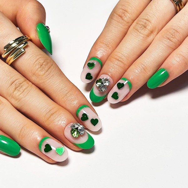 Valentine's Day French Tips Press on Nails, Glossy Bright Green