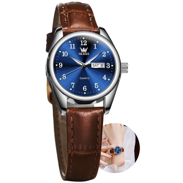 OLEVS Women's Easy Reader 28mm Leather Watch, Analog Blue Dial