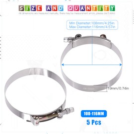 Glarks 5Pcs 108-116mm Stainless Steel T-Bolt Hose Clamps Turbo Intake Soft Hose Intercooler Clamps