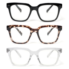 MMOWW 3 Pack Square Reading Glasses with Spring Hinges Oprah Style Blue Light Blocking Computer Readers for Women Men, Black/Clear Tortoise/Transparent +2.0