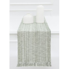 PurpleEssences Table Runner Chambray Ribbed with Fringes, 13x72 Inch, 100% Cotton, Perfect for Fall Farmhouse Dining Room Décor with Rustic Charm - Olive Green and H.White
