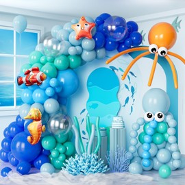 139 pcs Under the Sea Balloons Arch Kit, Blue Teal Light Blue Balloons for Sea Animal Ocean Theme Birthday Baby Shower Beach Pool Party Supplies