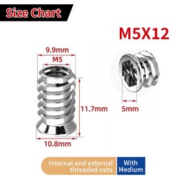 Pack of 50 Screw Nuts M5 x 12 mm, Threaded Insert Wood Screw Sockets, Threaded Inserts Wood Made of 304 Stainless Steel, Hex Socket Nut for Wooden Furniture Screws Wood Silver