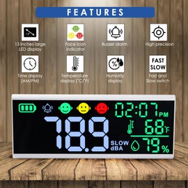 Decibel Meter 13 Inch Wall and Table Sound Level Meter Large LED Device for Displaying Decibels, Time, Temperature and Humidity with Buzzer & Symbol Alarm for Classroom and Studio