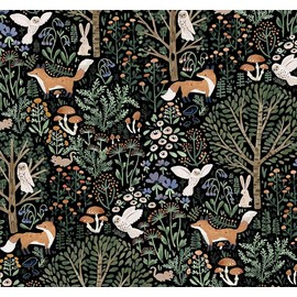 Vintage Dark Black Fairy Forest Animals Mushroom Fox Owl Peel and Stick Wallpaper Self Adhesive Removable Easy Peel Off Stick on Wall Paper for Bedroom Cabinet Renter Friendly