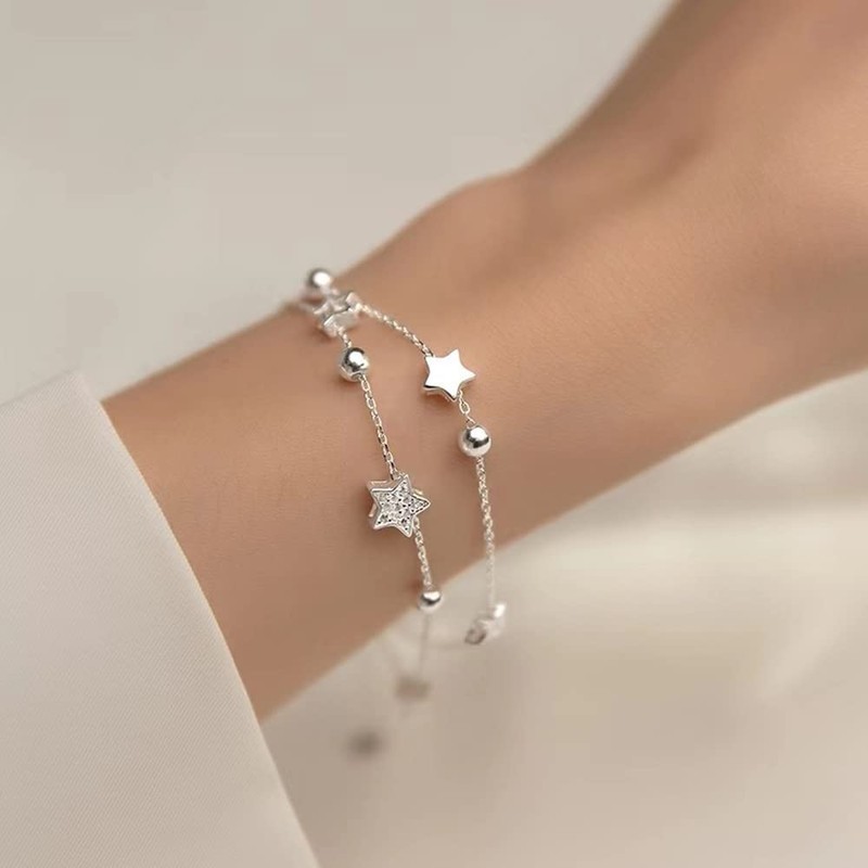 KONFEN Silver Bracelets for Womens, Star Bracelet Adjustable Silver Bangle,