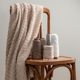 BATTILO HOME Beige Throw Blanket for Couch, Soft Warm Cozy Knitted Throw Blanket with Tassels, Zig Zag Sofa Blanket Bed Throw for Living Room All Season Decor, 50" x 60"