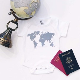 The Spunky Stork Unisex Baby World Map Travel Organic Newborn Infant Bodysuit (3-6M) White