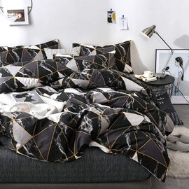 Luxlovery Black Marble Comforter Set Queen Geometric Plaid Bedding Set White Silver Grey Blanket Quilts Black with Gold Line Bedding Comforter Sets for Men Boys Adults Women