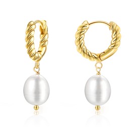 Pearl Drop Earrings 925 Sterling Silver Pearl Hoop Earrings Hand Selected Baroque Pearl Earrings 14K Gold Plated White Freshwater Pearl Earrings Vintage Huggie Earrings for Women, Sterling Silver,