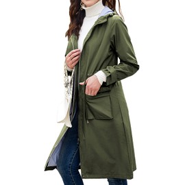 Homgro Women's Hooded Rain Jacket Long Waterproof Raincoat Ladies Fashion Casual Full Zip Anorak Spring Fall Jackets Knee Length Midi Windbreaker Pockets Army Green Small