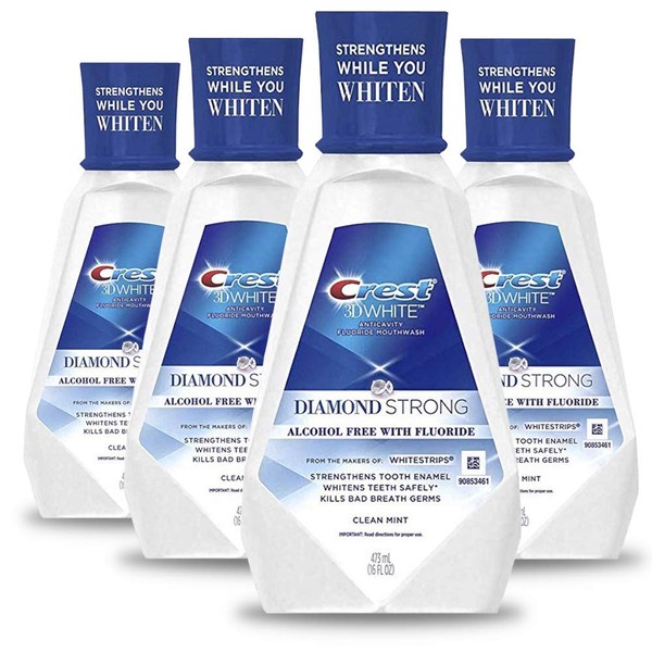 Crest 3D White Diamond Strong Mouthwash, Alcohol free, Fluoride Whitening, Clean Mint, 473 mL (16 fl oz), 4 Count