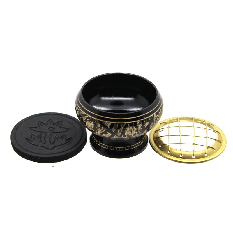 Govinda - Small Decorated Brass Charcoal Screen Incense Burner with