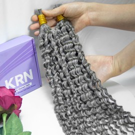 KRN Gray Human Hair Bundles Deep Curly 100g Grey Braiding Hair for Boho Braids 12A Salt And Pepper Wet and Wavy Bundles 20Inch