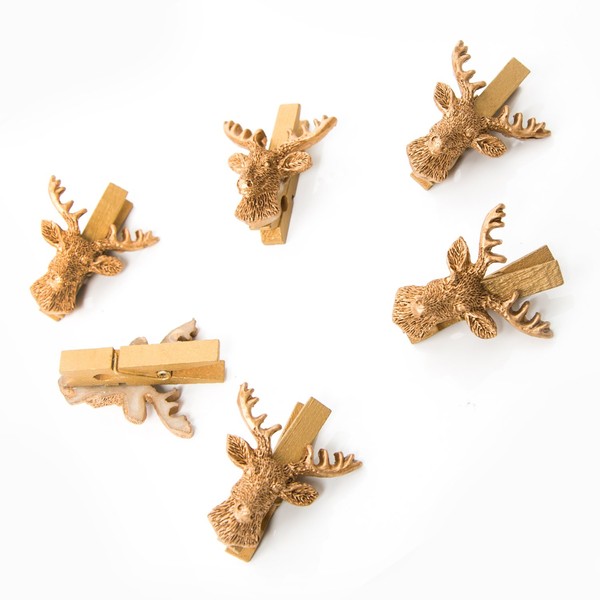 Logbuch-Verlag 6 stag decorative clips, gold made of wood and polyresin, decorative clips with deer head and antlers, elegant table decoration for wedding, restaurant, hotel
