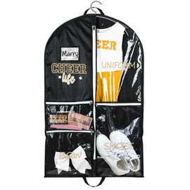 Blushtier Cheer Garment Bags for Cheerleading Uniform Waterproof Hanging Garment Bags for Dance Costumes 40 Inch Clothes Bag with 5 Pockets and Side Zip Travel Storage Cheer Uniform(Black,Gold)