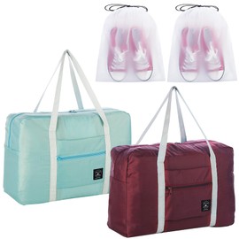 Travel Duffle Bag Tote Carry on Bag Nylon Lightweight Foldable Travel Bag Water Resistant Sports Gym Duffle Weekender Overnight Bag (Red+Green+2Pe bag)