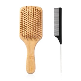 1 x Natural Wooden Bamboo Hair Brush with 1 x Tail Hair Comb, Anti-Static Smoothing Curly Hair Brush, Air Cushion Massage Brush, Flat Hair Brush for Men, Women, Children Hair Growth