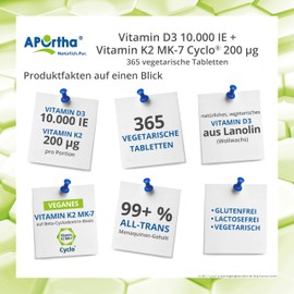 APOrtha Vitamin D3 10,000 IU + 200 μg K2 99+% ALL-Trans, 365 Vegetarian Tablets High Dose and Divisible, Premium Vitamin D and K Tablet Easy to Swallow - Alternative to Drops and Capsules