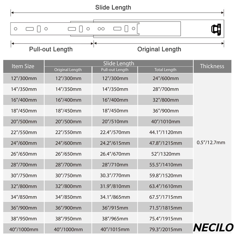 NECILO Heavy Duty Drawer Slides Without Lock, 150lb Capacity Full