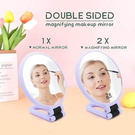 Novadex 1x 2X Magnifying Mirror, Handheld Hand Mirror with Handle, Travel Hand Held Vanity Mirror, Compact Double Sided Portable Magnification Small Make Up Mirrors for Precision Makeup (Purple)