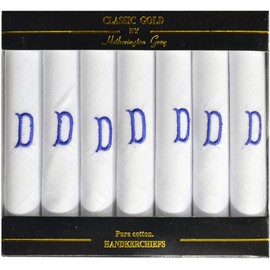 7 Pack Of Mens/Gentlemens White Satin Umrahmten Handkerchiefs With & Blue Embroidered Initials - d