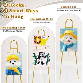 Gold Easel Stand for Signs, 42"–57" Height Adjustable, Lockable at Any Height – 4 Hooks, 3 Display Modes, Easel with Design Templates – Ideal for Wedding Welcome Sign, Parties, Art & Retail Display