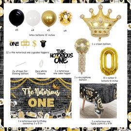 The Notorious One Birthday Decorations Boy, Gold Chain Balloons Garland with Backdrop, The Notorious One Tablecloth Glitter Cupcake Toppers Black Gold White Crown Microphone Balloons for Hip Hop Party